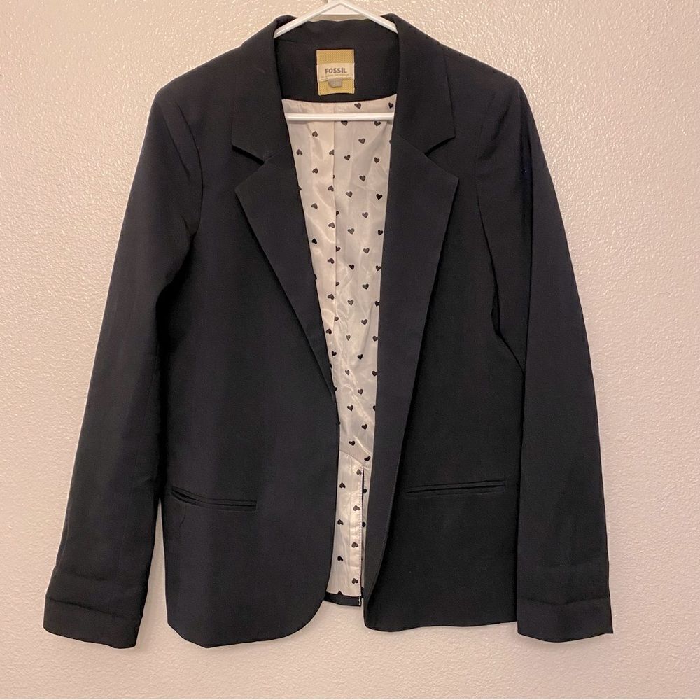 Fossil Black Open Front Blazer Large Heart Print Lining Pockets - Picture 2 of 8